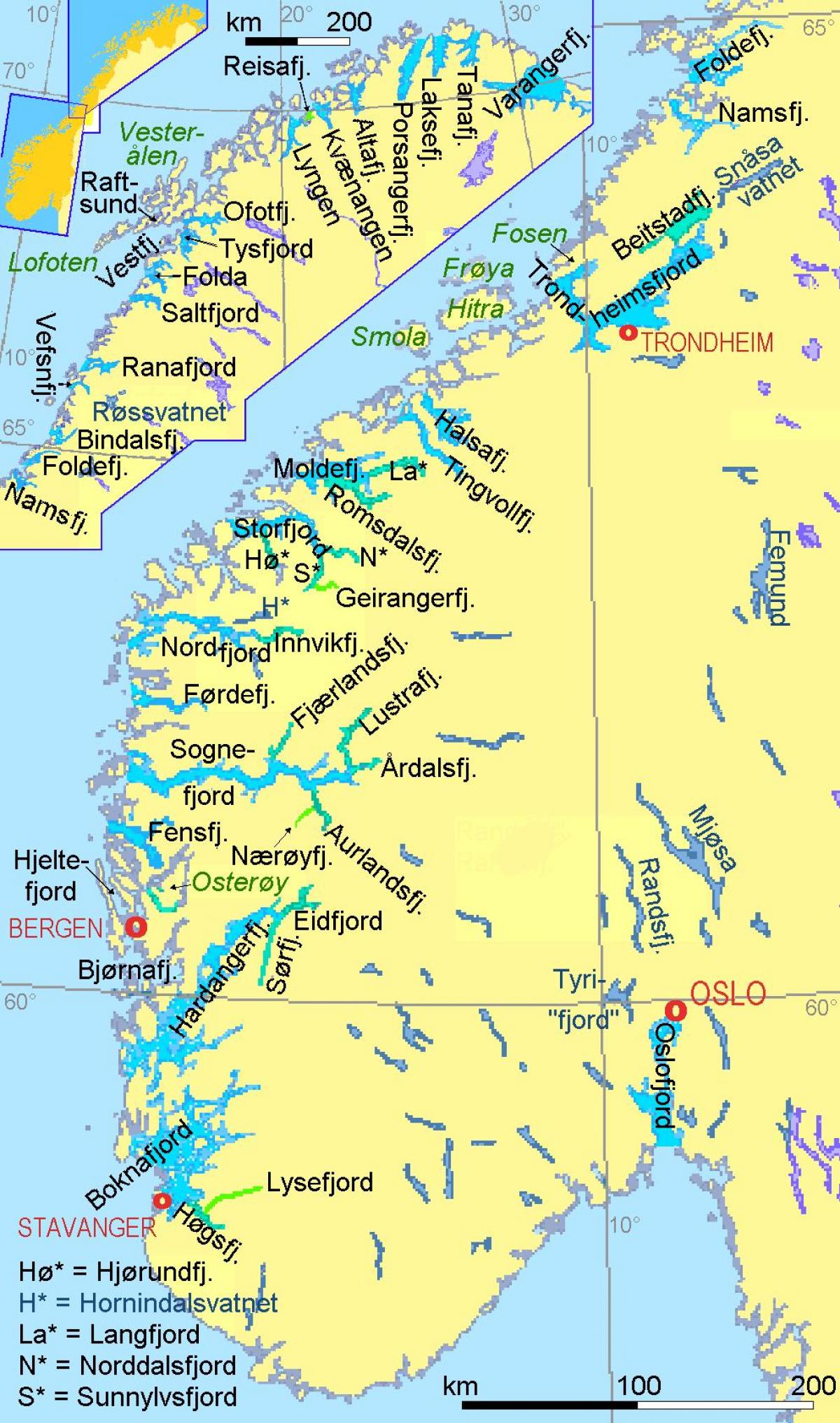 வரைபடம் நார்வே காட்டும் fjords